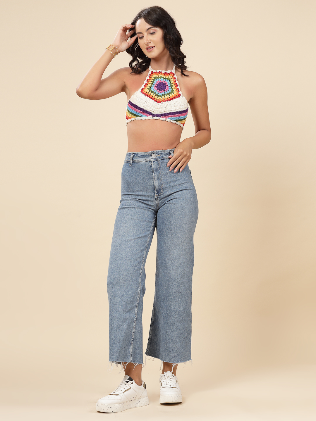 Velvery Crochet White & Multi Rainbow Design Hand Knitted Summer Crop Top S