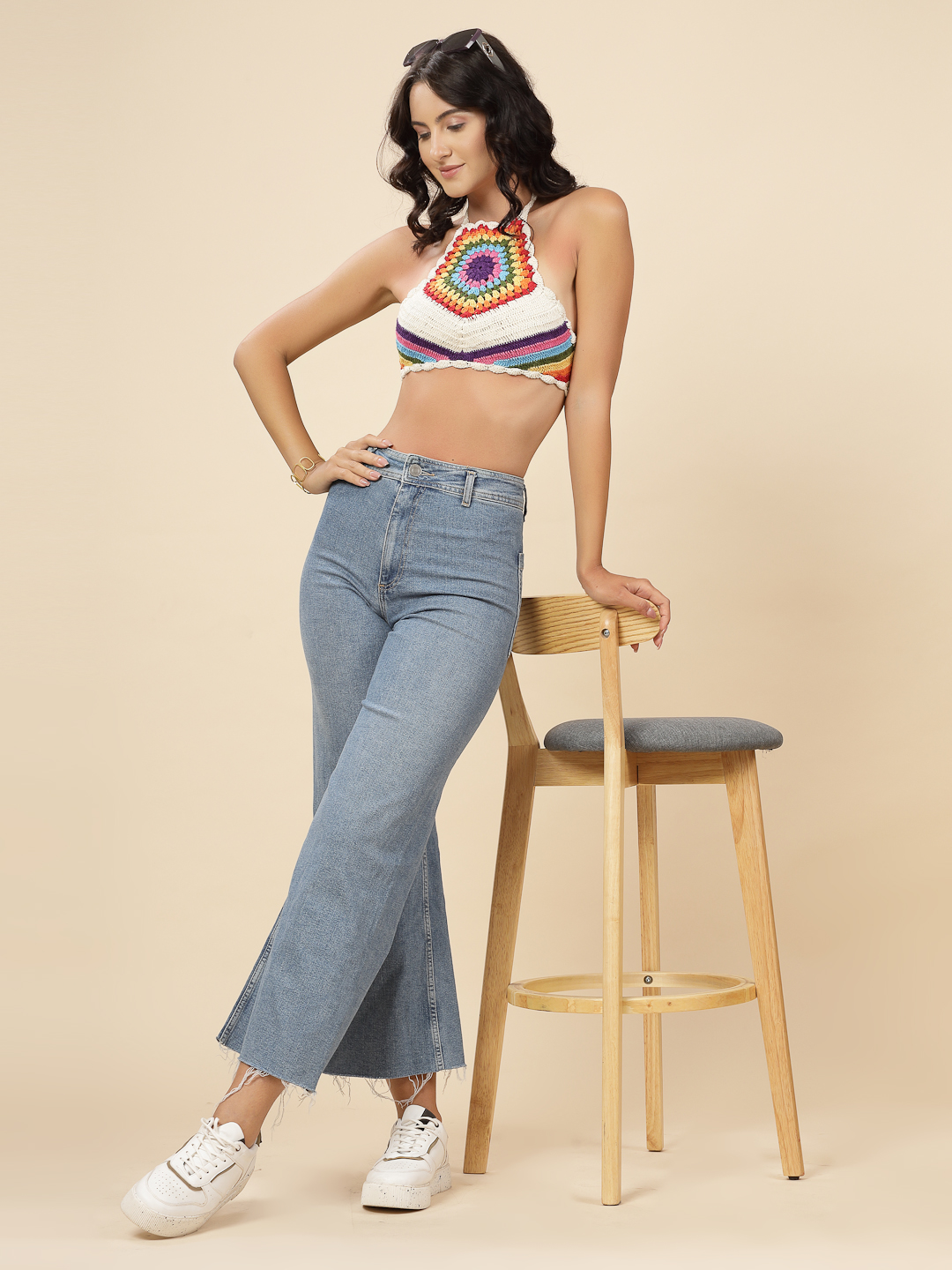 Velvery Crochet White & Multi Rainbow Design Hand Knitted Summer Crop Top S