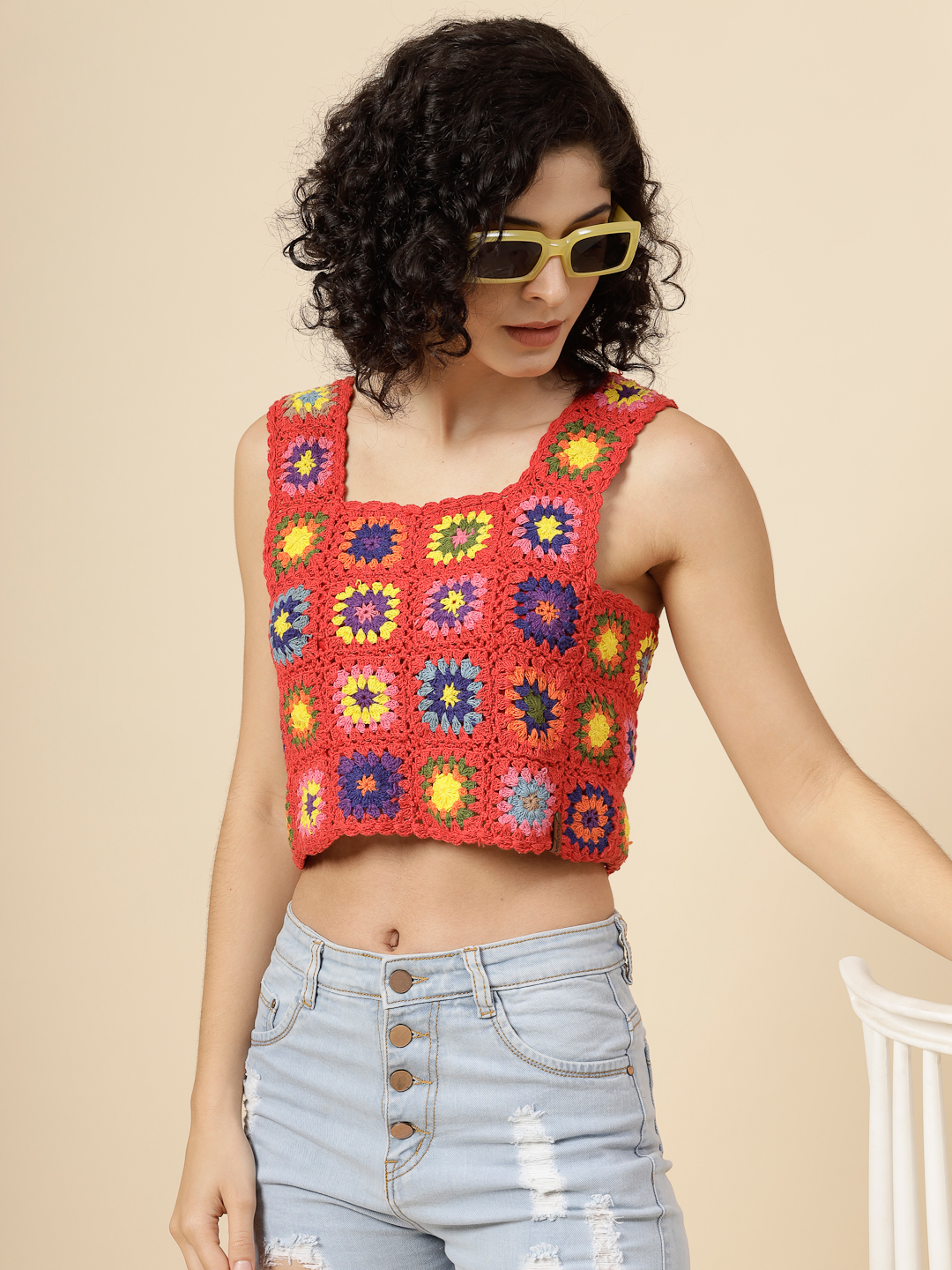 Velvery Crochet Cotton Square Neck Top