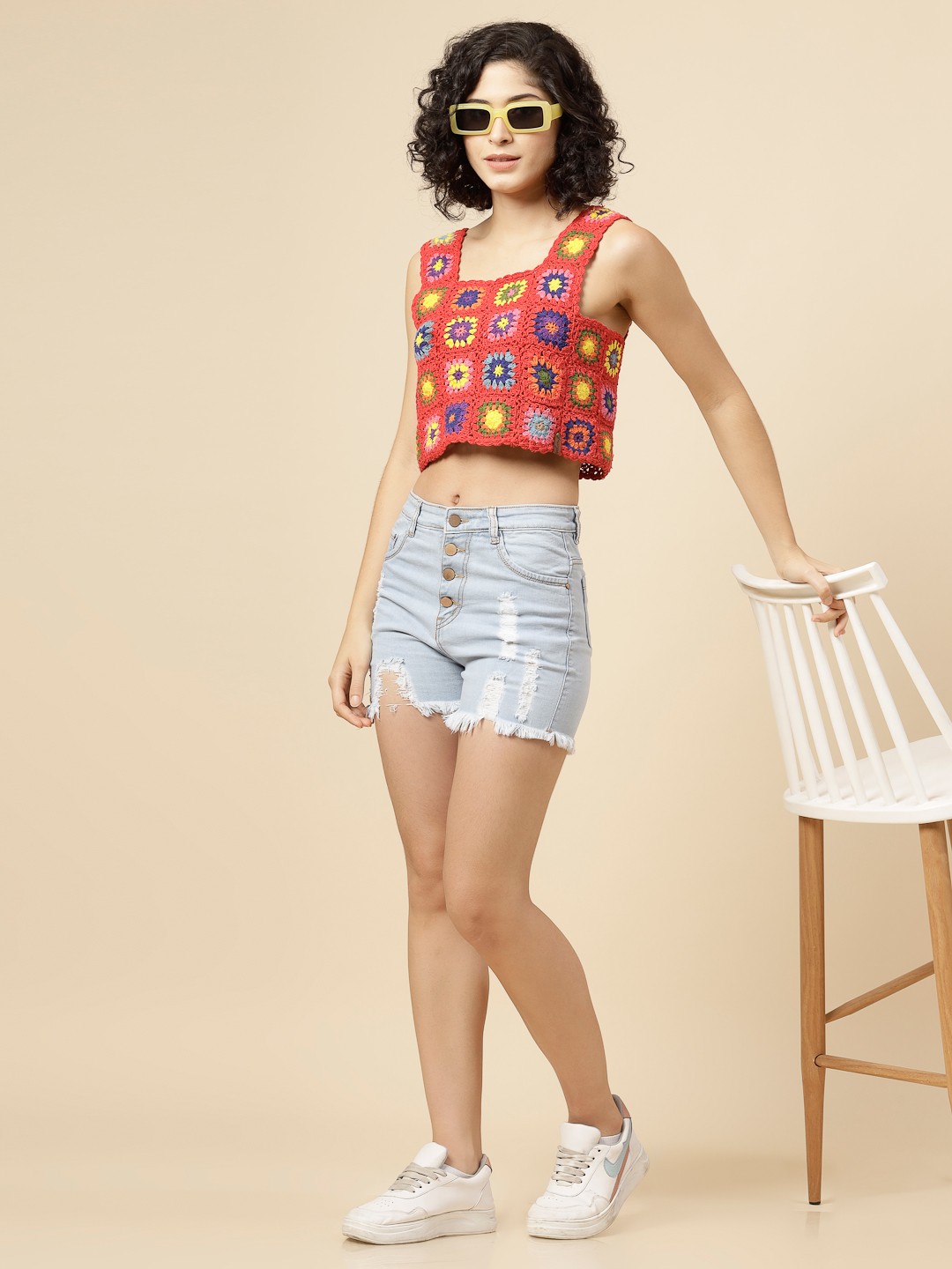 Velvery Crochet Cotton Square Neck Top