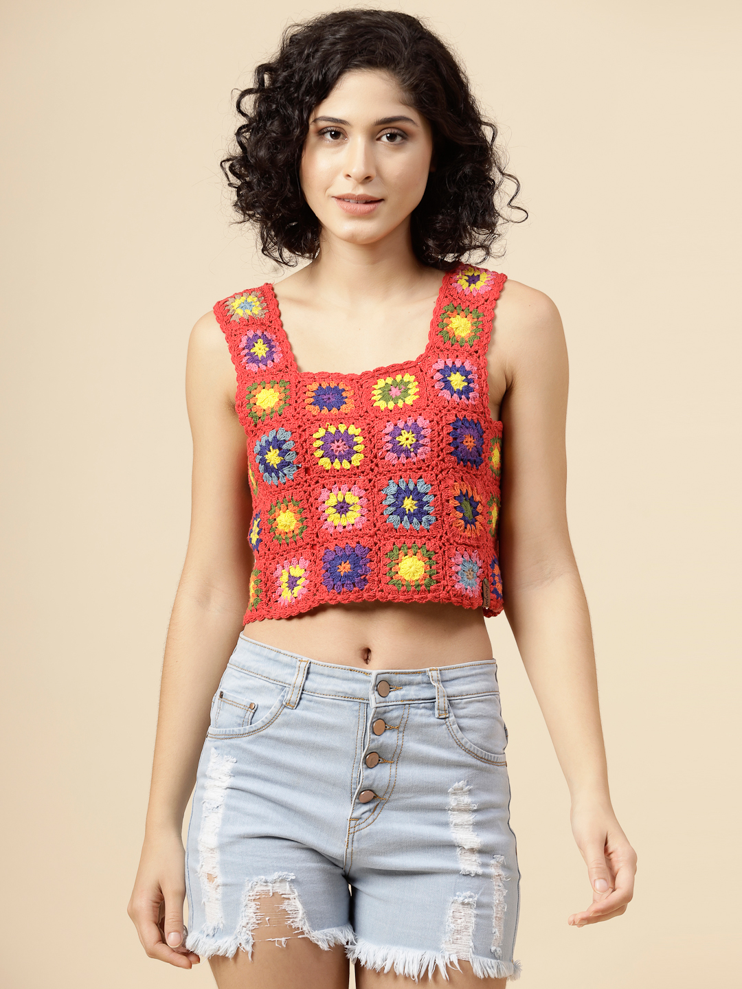 Velvery Crochet Cotton Square Neck Top