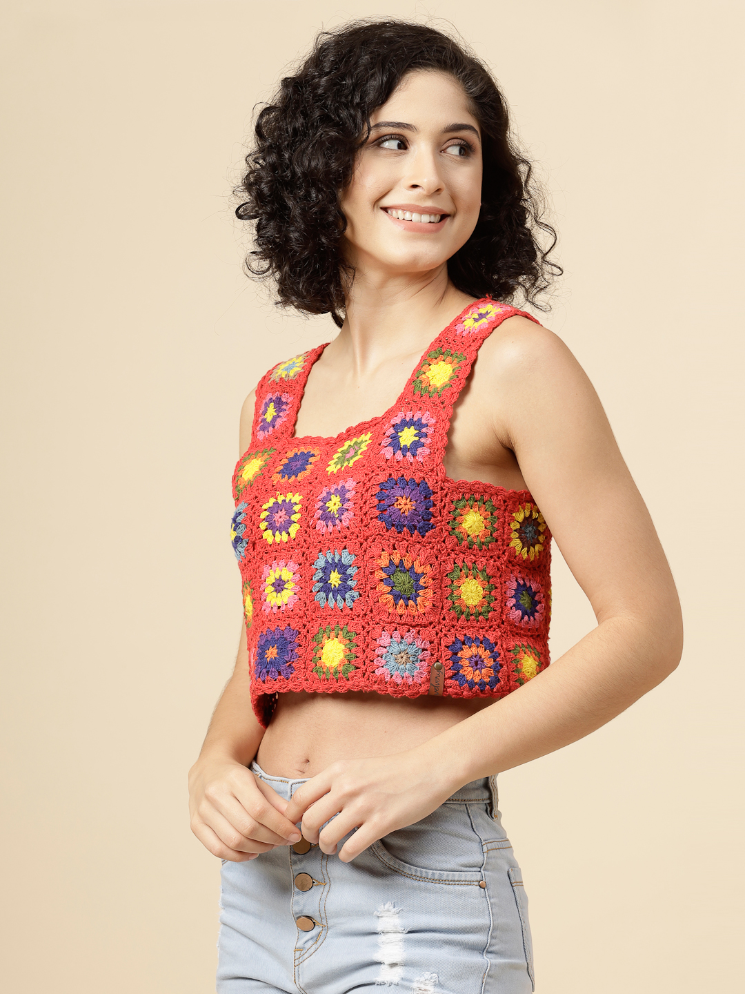 Velvery Crochet Cotton Square Neck Top