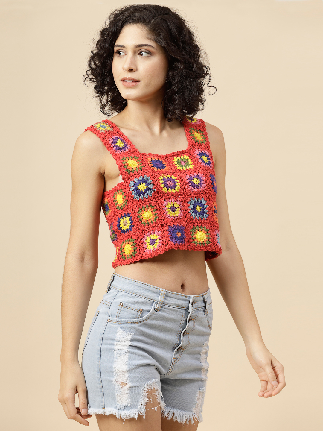 Velvery Crochet Cotton Square Neck Top