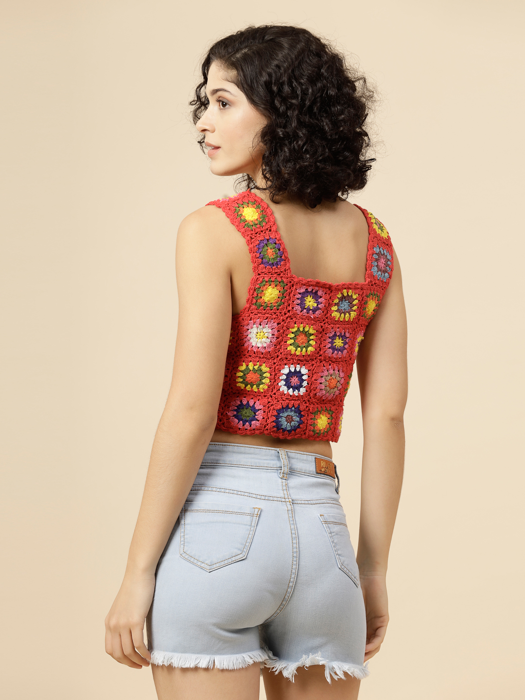 Velvery Crochet Cotton Square Neck Top