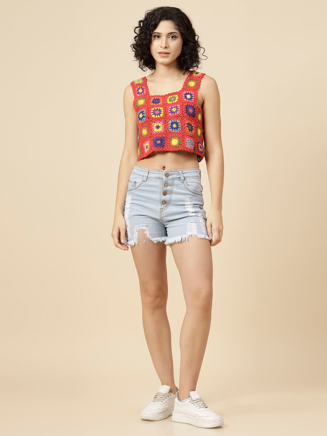 Velvery Crochet Cotton Square Neck Top