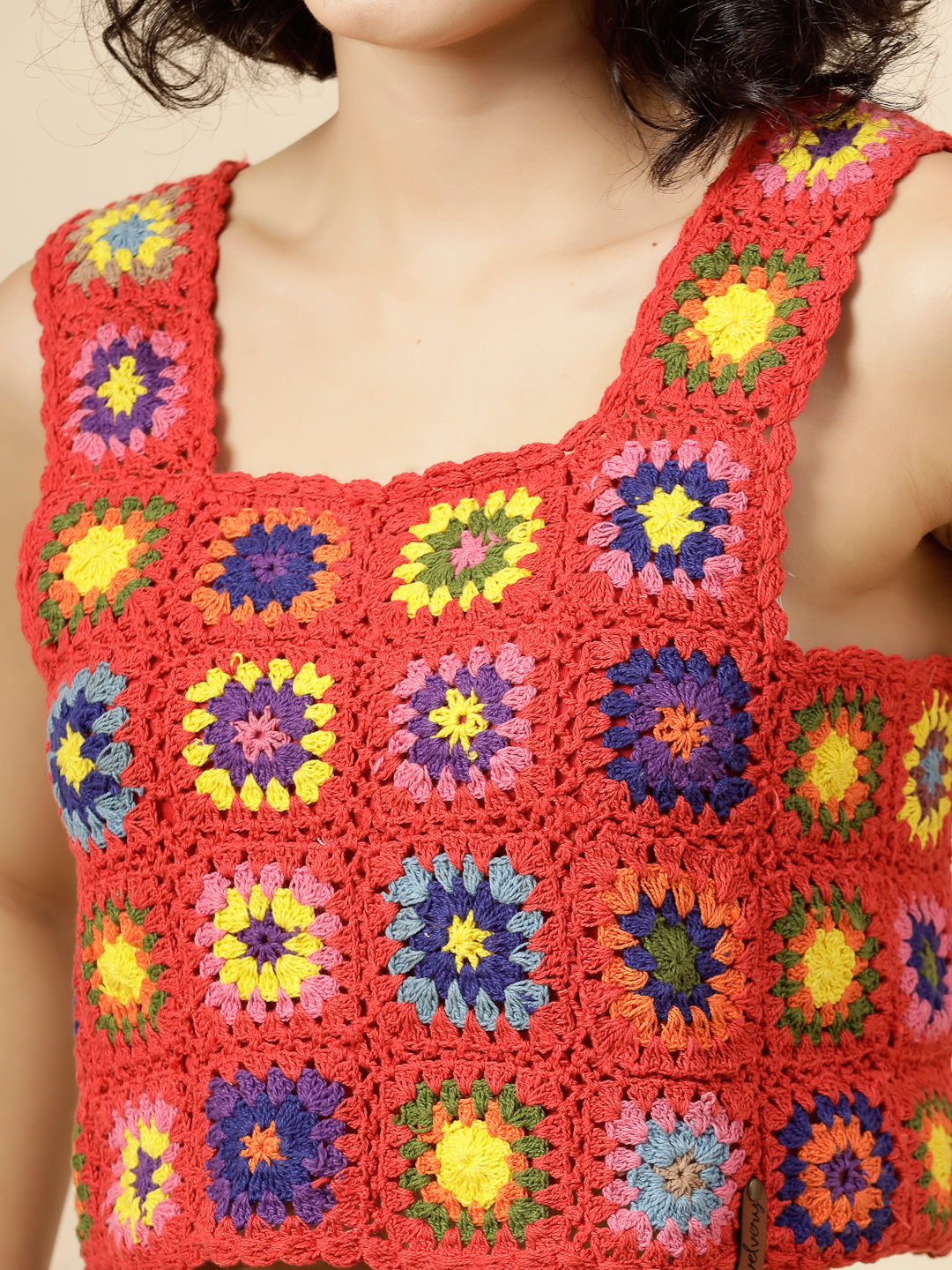 Velvery Crochet Cotton Square Neck Top