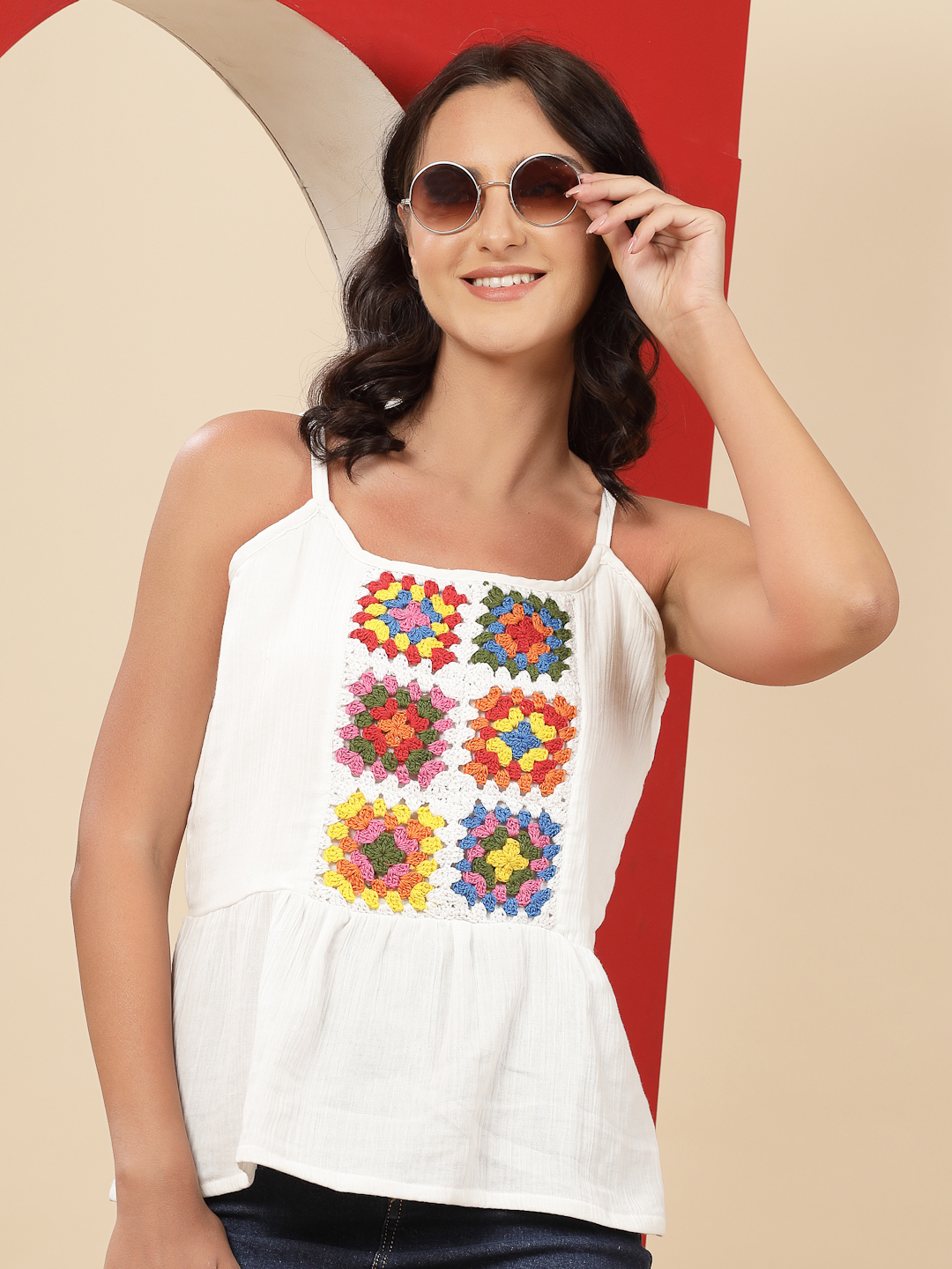 Velvery Crochet White & Multi Sphagetthi Hand Knitted Summer Top S