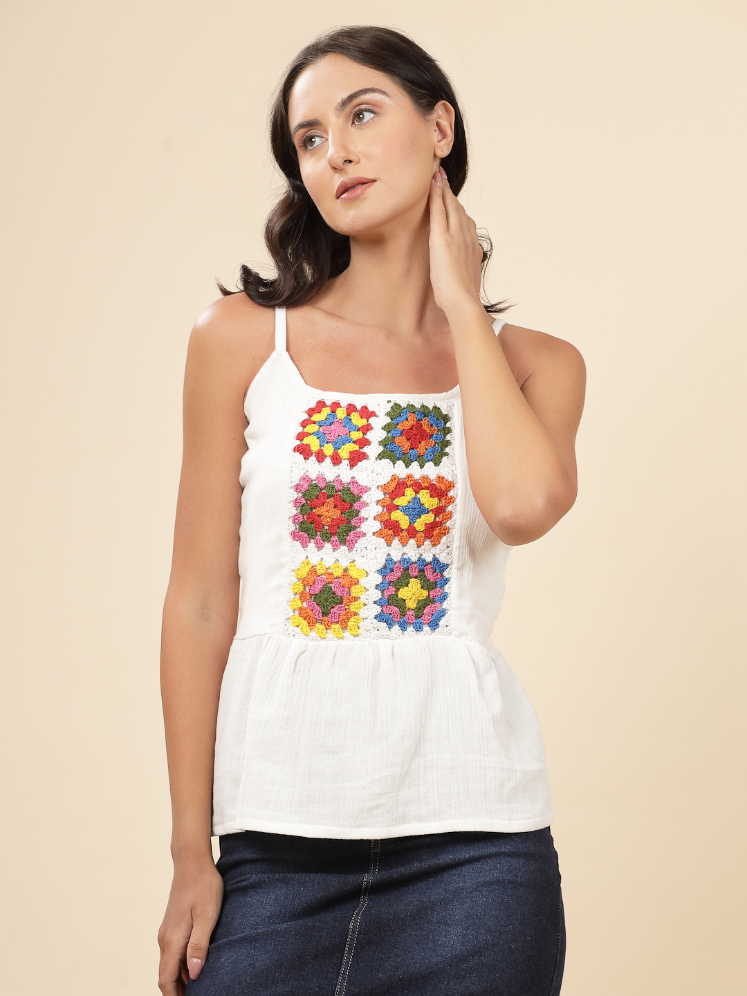 Velvery Crochet White & Multi Sphagetthi Hand Knitted Summer Top S