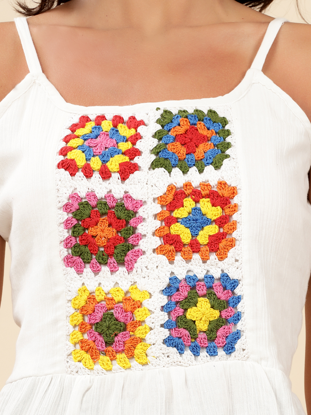 Velvery Crochet White & Multi Sphagetthi Hand Knitted Summer Top S