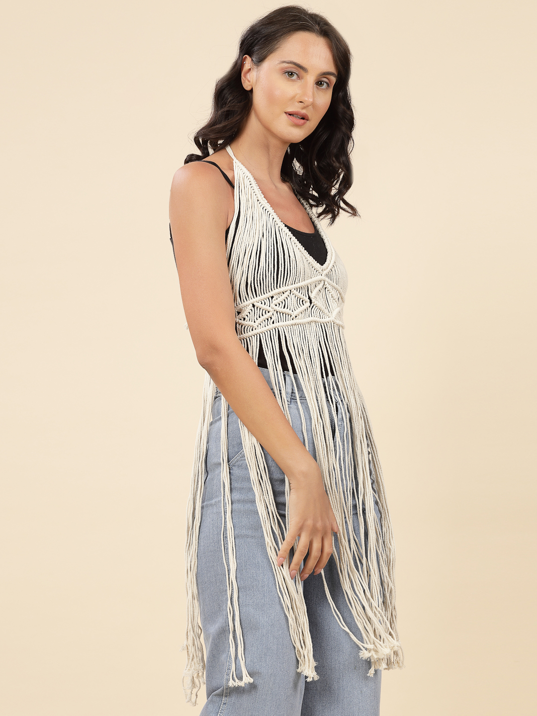 Velvery Crochet Off White Macrame Boho Chic Longline Hand Knitted Summer Fringed Cover Up Top S