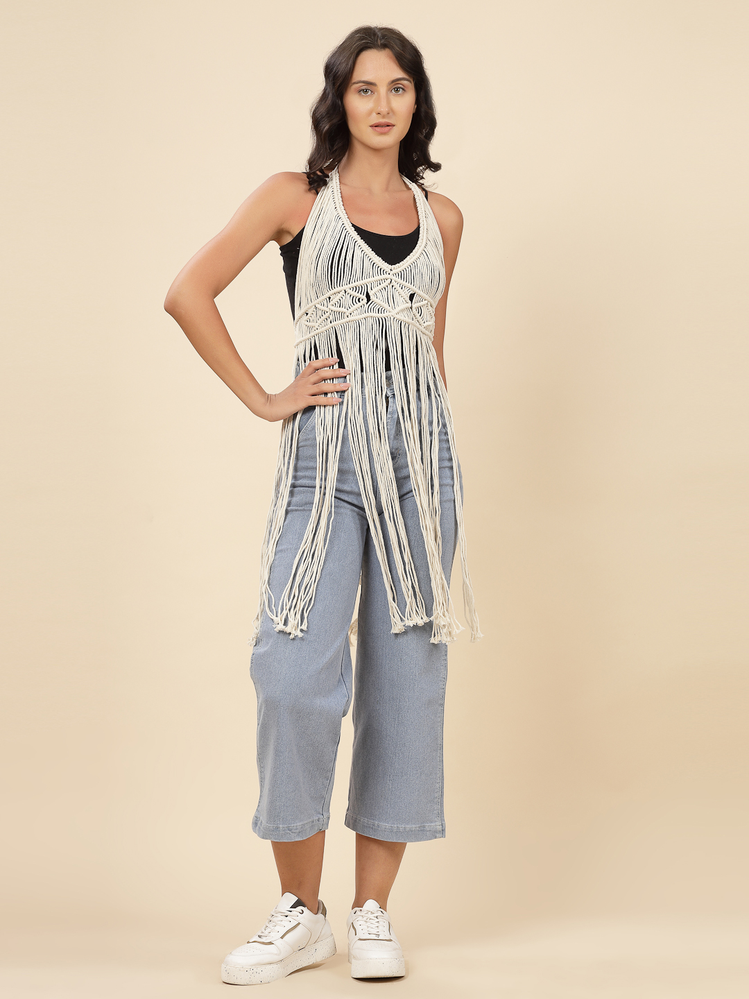 Velvery Crochet Off White Macrame Boho Chic Longline Hand Knitted Summer Fringed Cover Up Top S