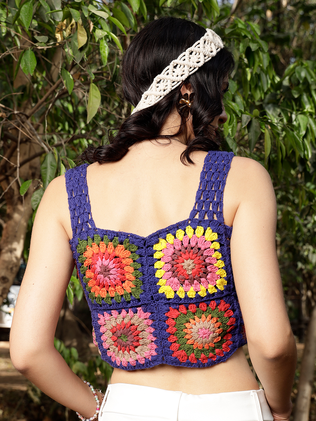Velvery Crochet Blue Floral Sleeveless Hand Knitted Crop Top