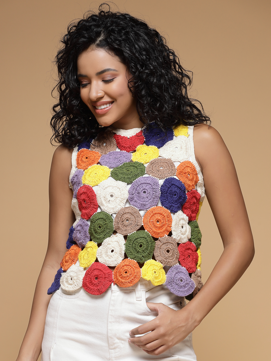 Velvery Crochet Multi Self Design Sleeveless Hand Knitted Crop Top
