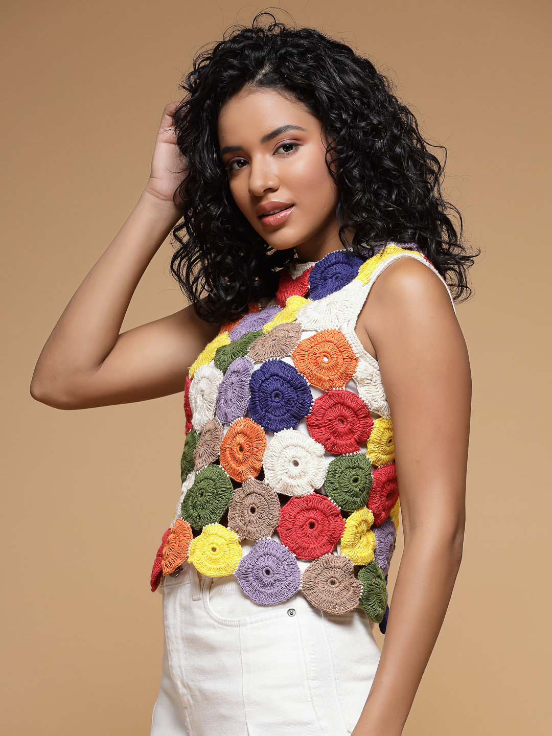Velvery Crochet Multi Self Design Sleeveless Hand Knitted Crop Top