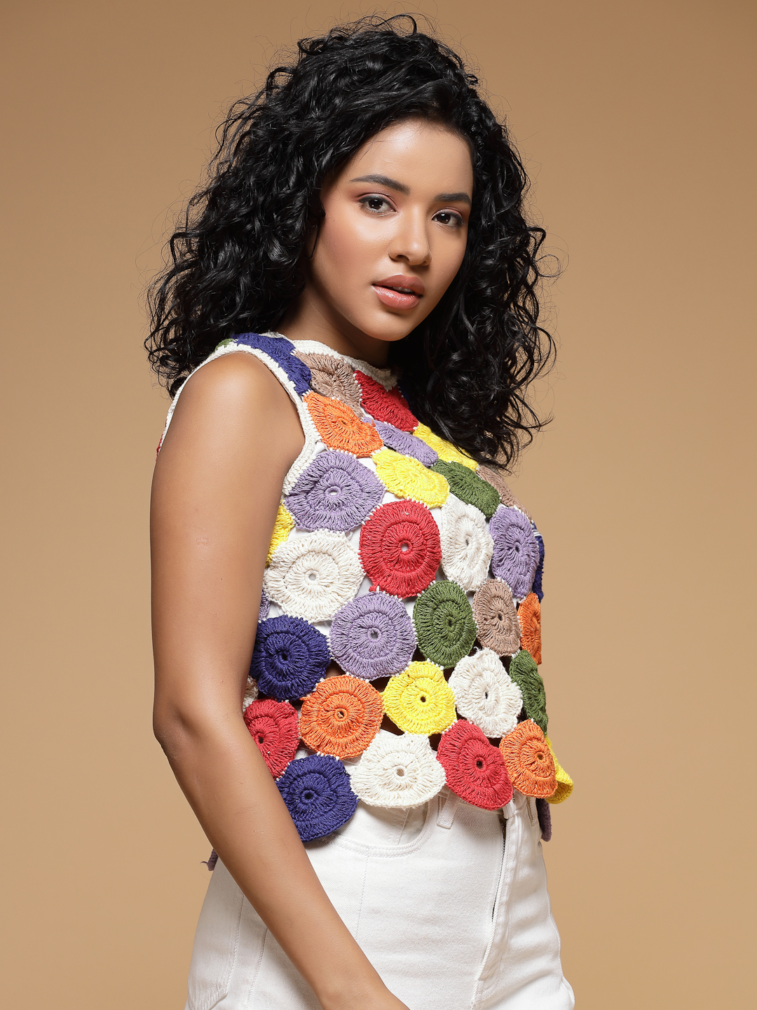 Velvery Crochet Multi Self Design Sleeveless Hand Knitted Crop Top