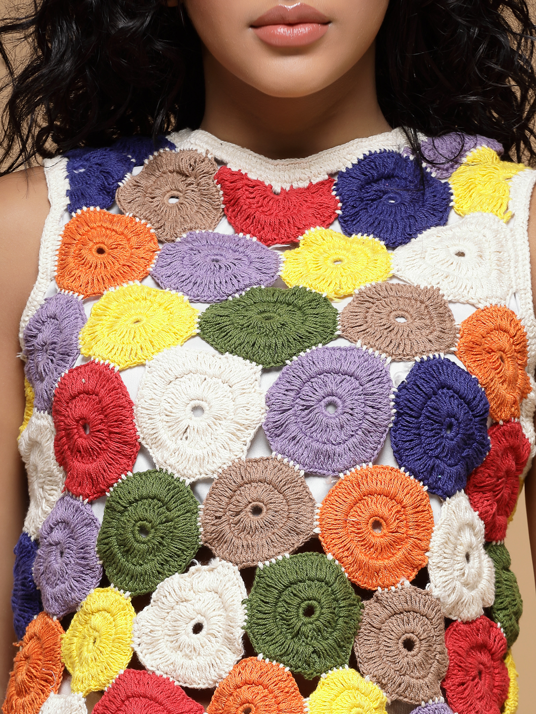 Velvery Crochet Multi Self Design Sleeveless Hand Knitted Crop Top