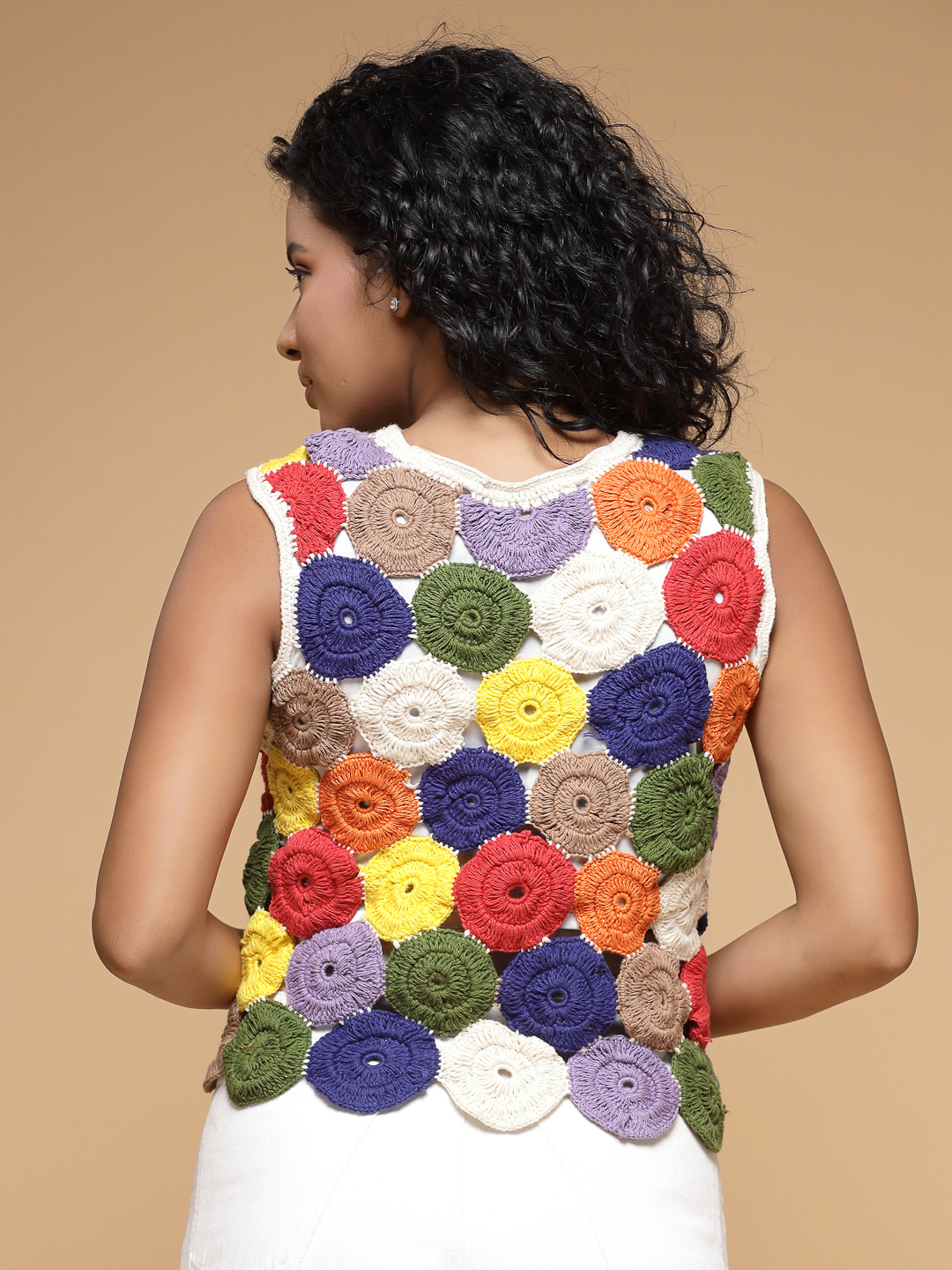 Velvery Crochet Multi Self Design Sleeveless Hand Knitted Crop Top