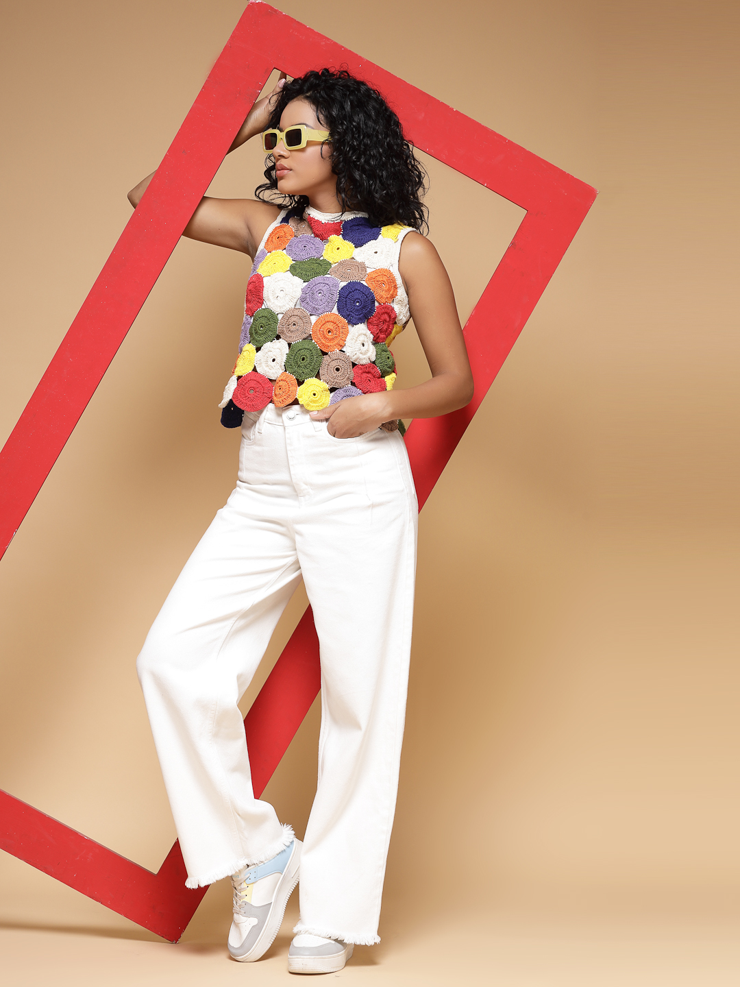 Velvery Crochet Multi Self Design Sleeveless Hand Knitted Crop Top