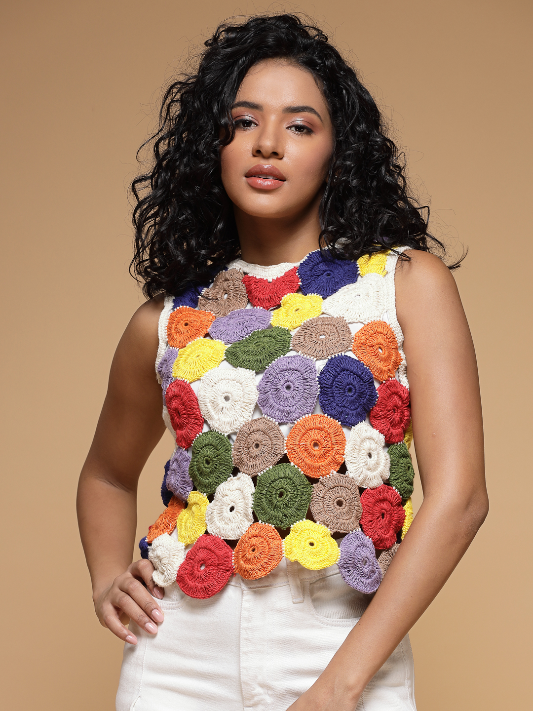 Velvery Crochet Multi Self Design Sleeveless Hand Knitted Crop Top