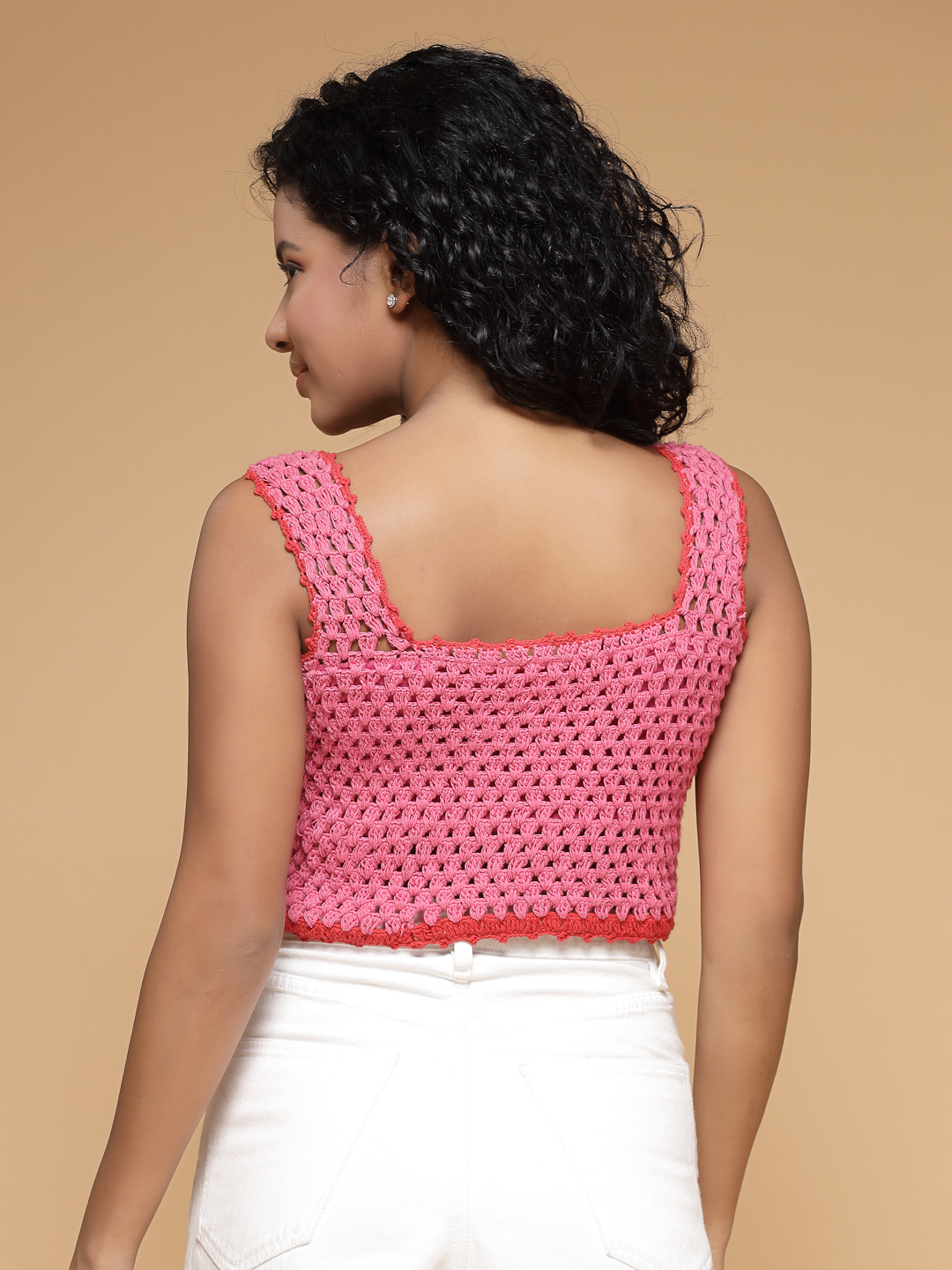 Velvery Crochet Pink Hanging Cherry Sleeveless Hand Knitted Applique Crop Top