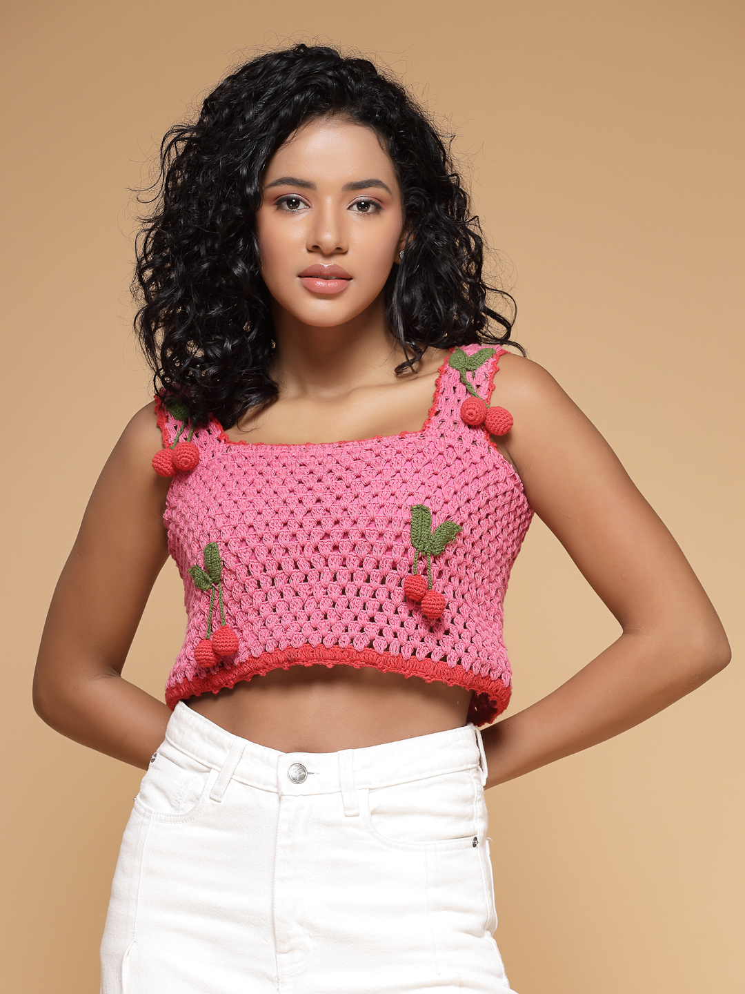 Velvery Crochet Pink Hanging Cherry Sleeveless Hand Knitted Applique Crop Top