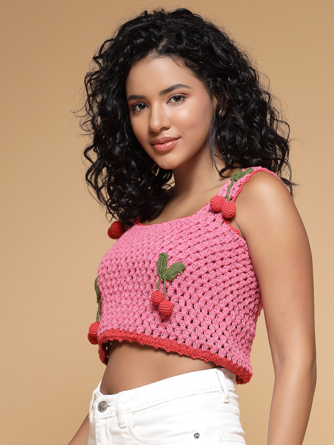 Velvery Crochet Pink Hanging Cherry Sleeveless Hand Knitted Applique Crop Top