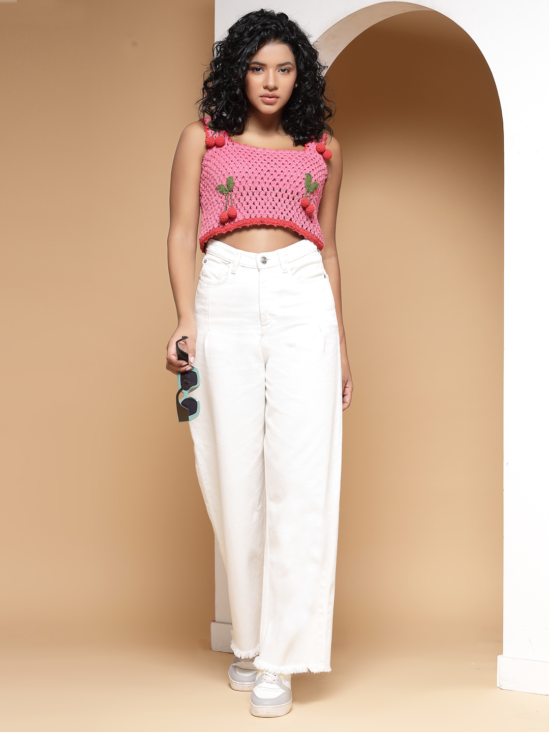 Velvery Crochet Pink Hanging Cherry Sleeveless Hand Knitted Applique Crop Top