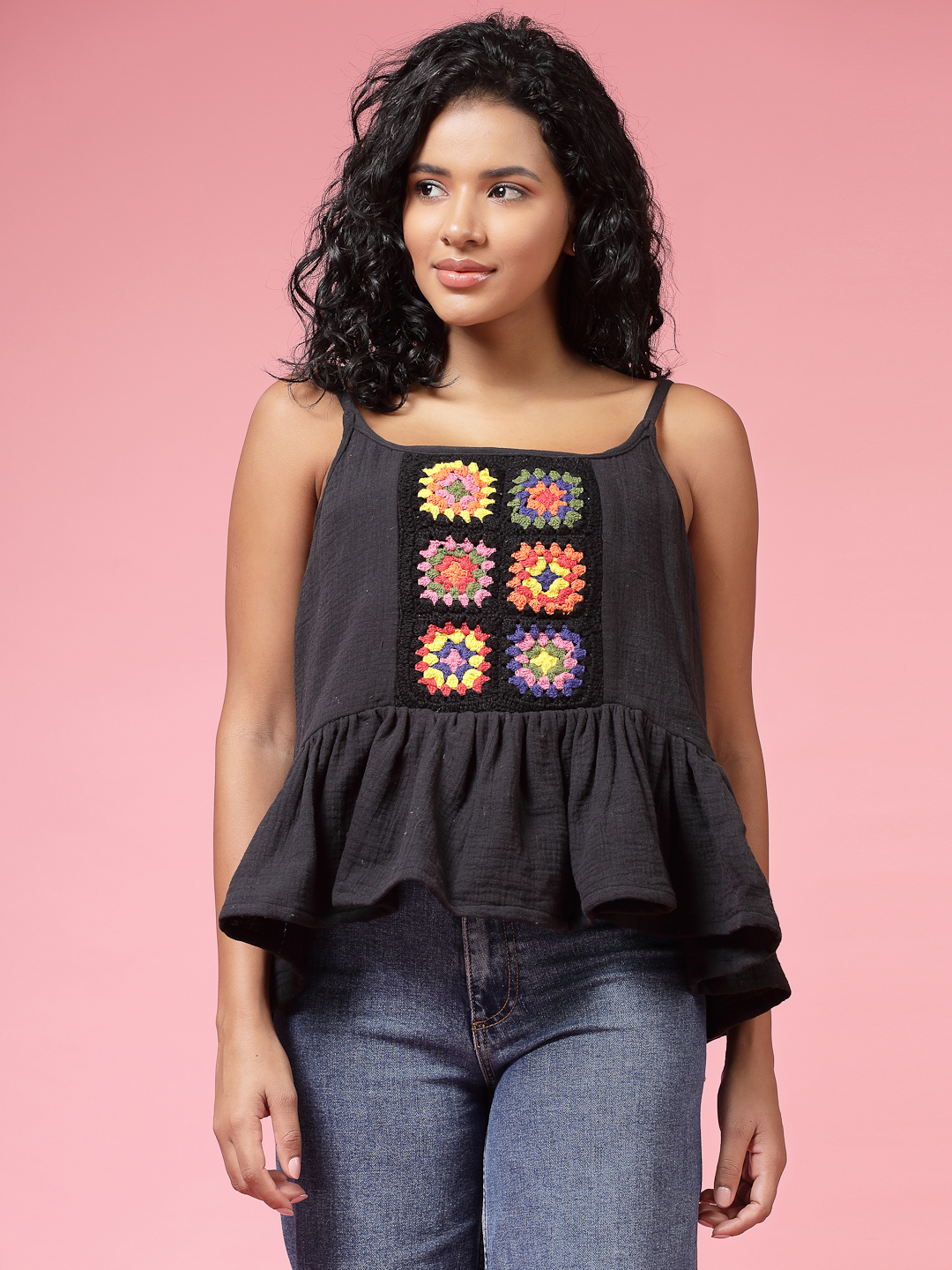 Velvery Crochet Black Self Design Sleeveless Hand Knitted Crop Top