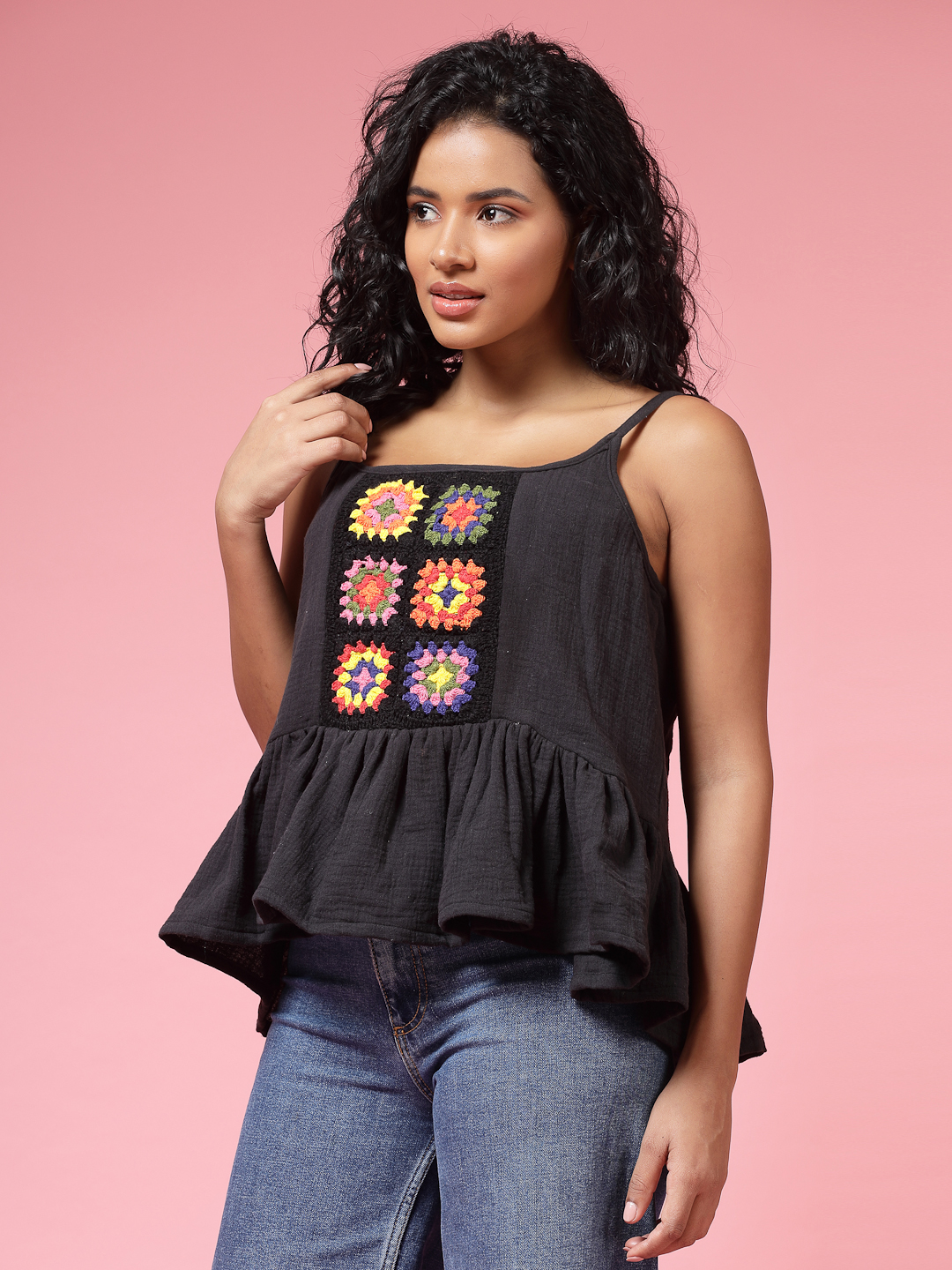 Velvery Crochet Black Self Design Sleeveless Hand Knitted Crop Top