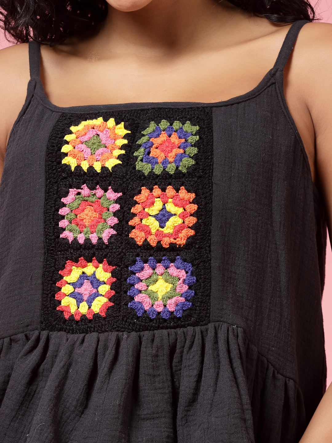 Velvery Crochet Black Self Design Sleeveless Hand Knitted Crop Top