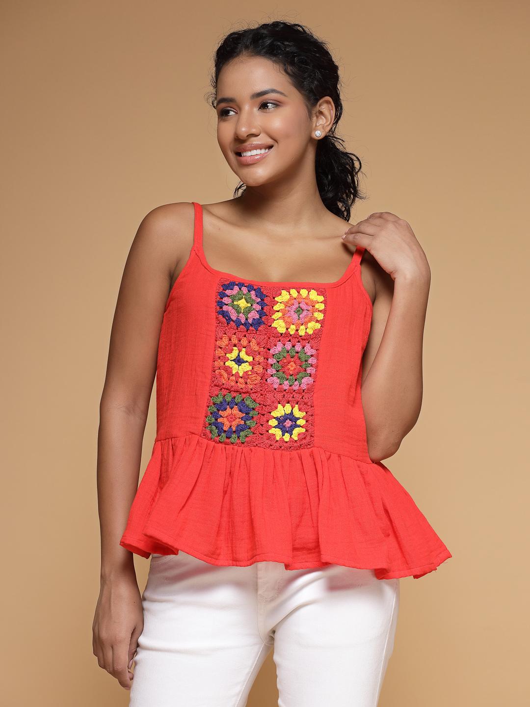 Velvery Crochet Red Self Design Sleeveless Hand Knitted Crop Top