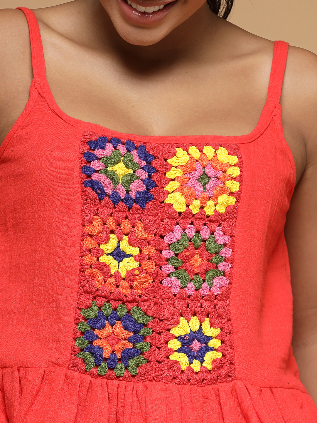 Velvery Crochet Red Self Design Sleeveless Hand Knitted Crop Top