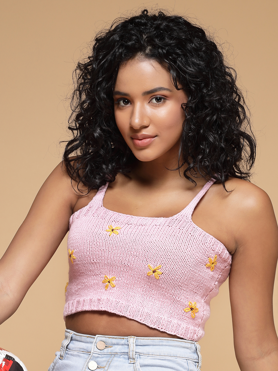 Velvery Crochet Pink Floral Sleeveless Hand Knitted Embroidered Crop Top