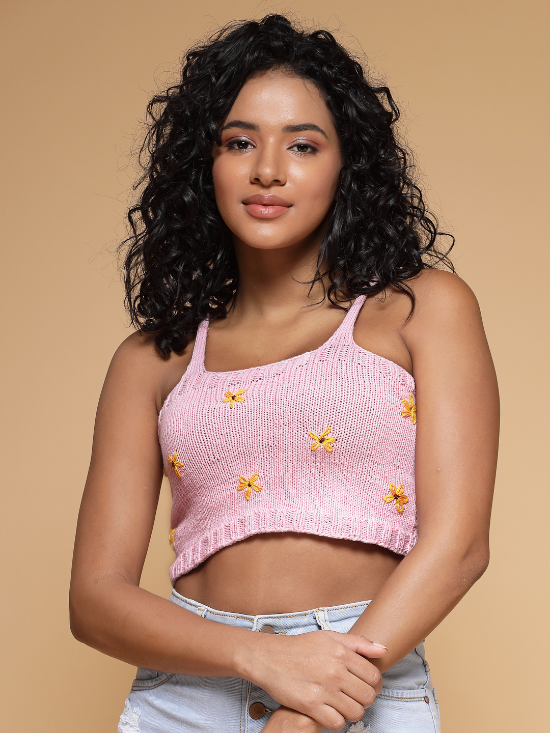 Velvery Crochet Pink Floral Sleeveless Hand Knitted Embroidered Crop Top