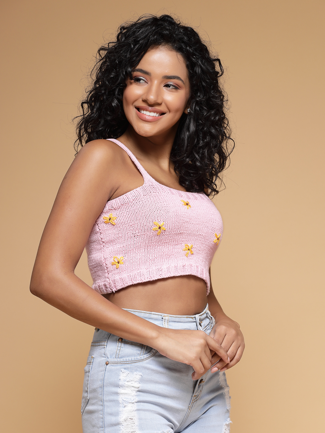 Velvery Crochet Pink Floral Sleeveless Hand Knitted Embroidered Crop Top