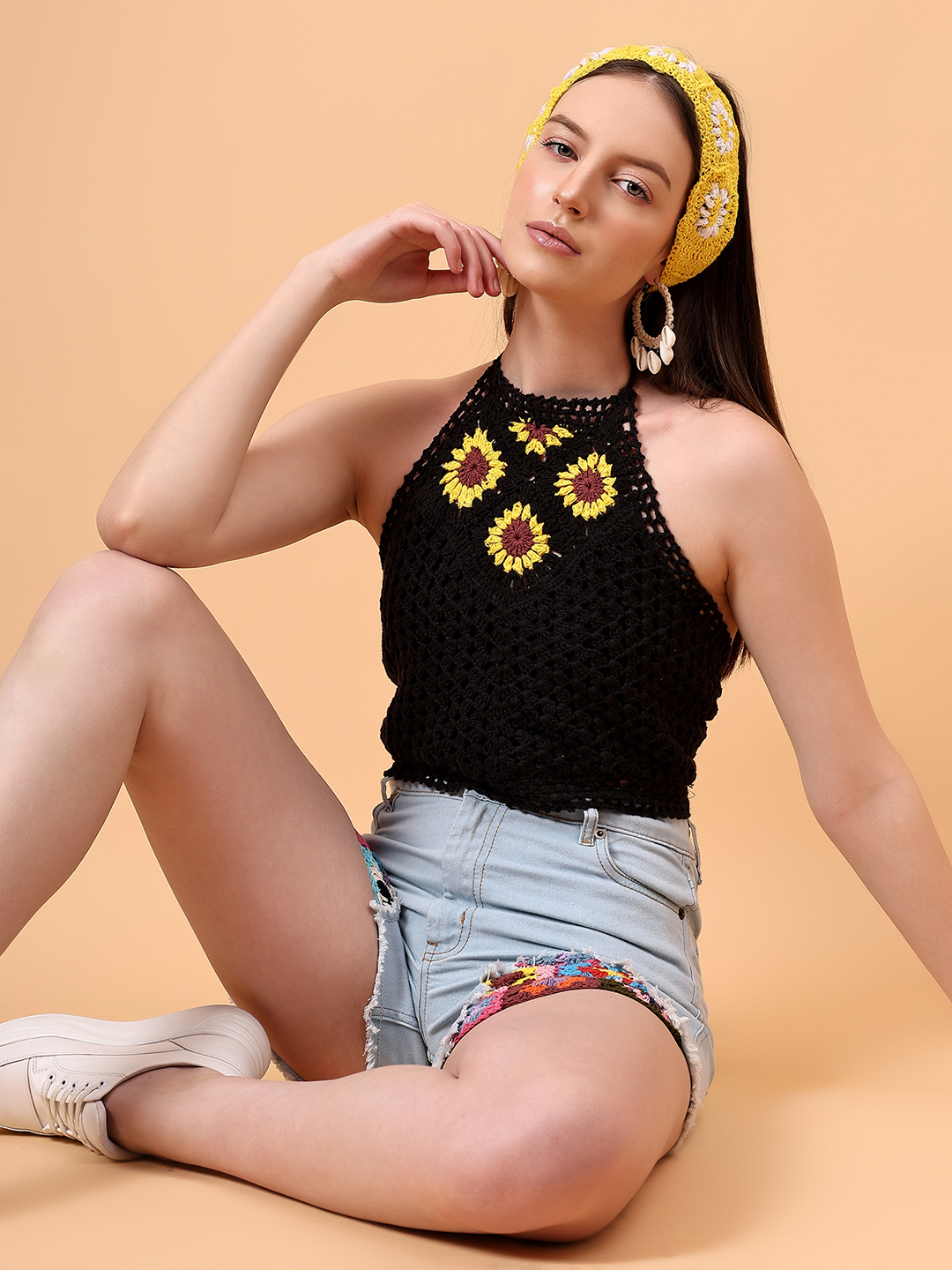 Velvery Crochet Black Sunflower Halterneck Beach Top