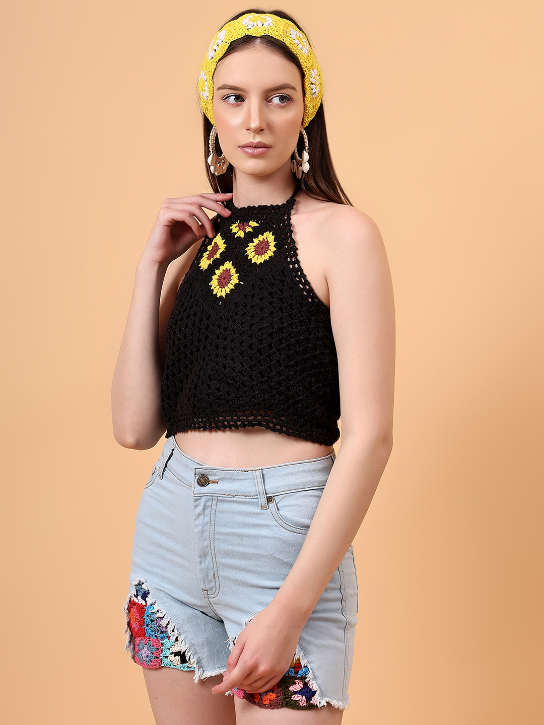 Velvery Crochet Black Sunflower Halterneck Beach Top
