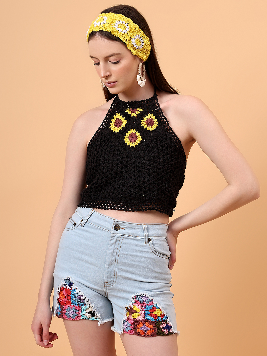 Velvery Crochet Black Sunflower Halterneck Beach Top