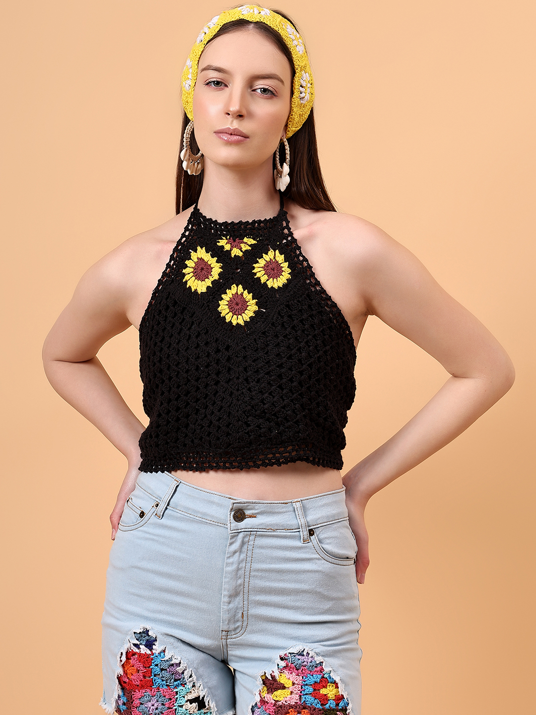 Velvery Crochet Black Sunflower Halterneck Beach Top
