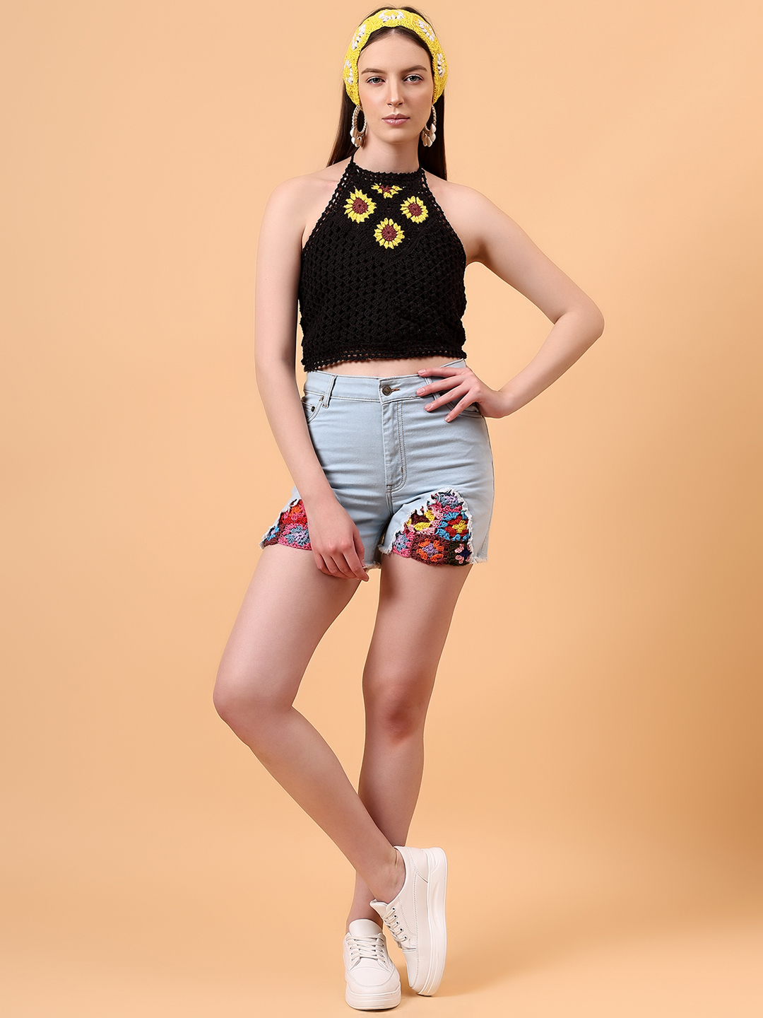 Velvery Crochet Black Sunflower Halterneck Beach Top