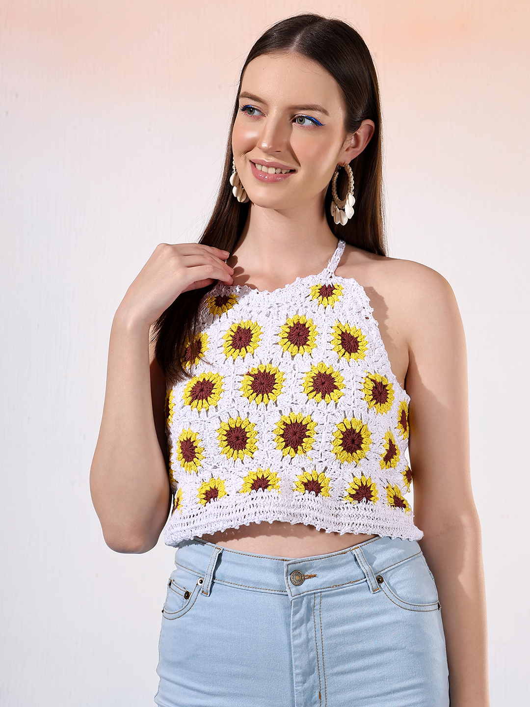 Velvery Crochet Sunflower Halterneck Breezy Top