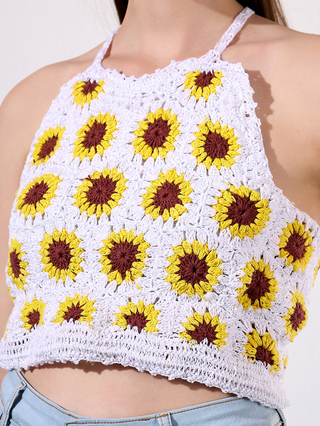 Velvery Crochet Sunflower Halterneck Breezy Top