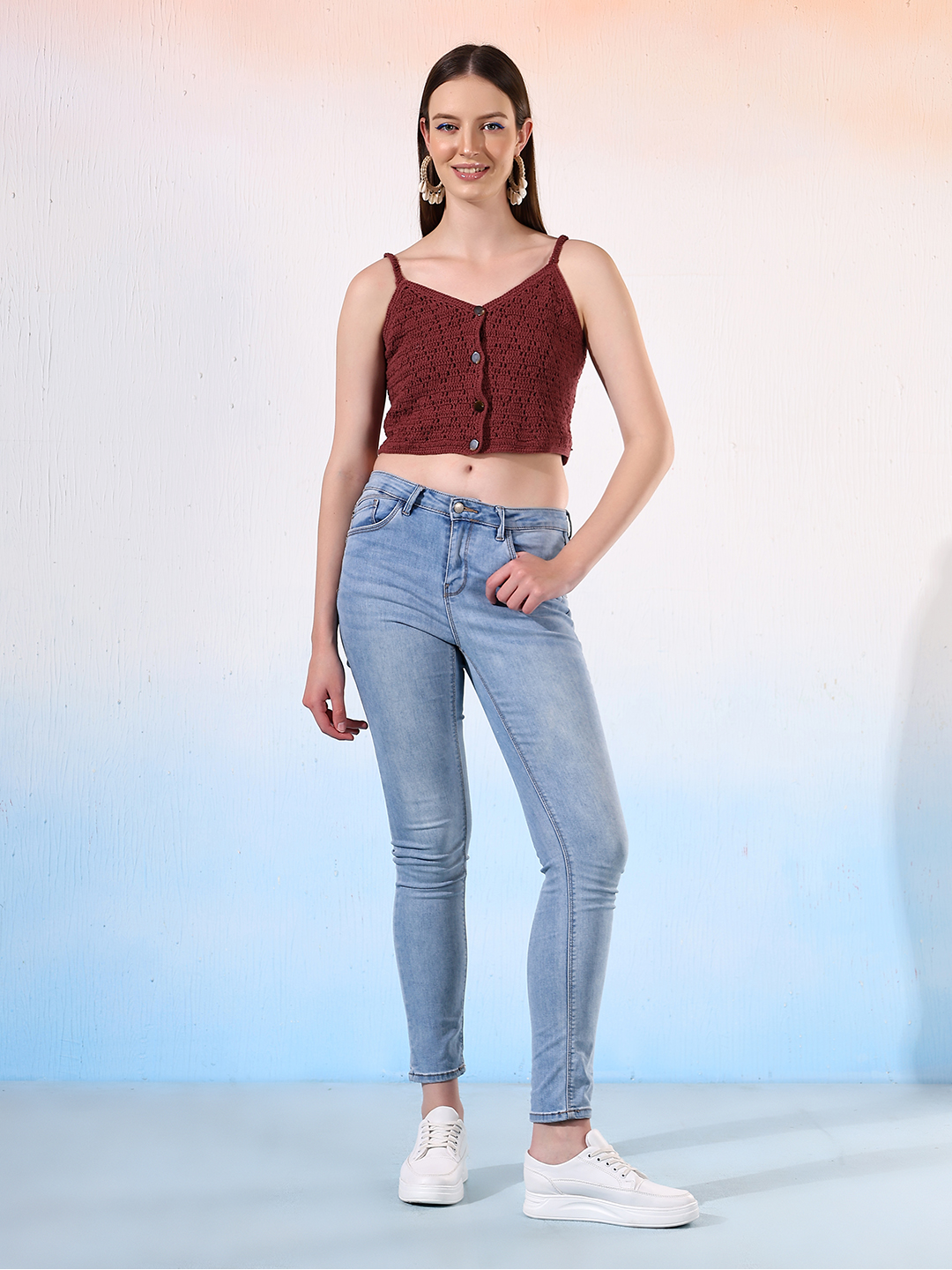 Velvery Crochet Brown Front Openable Top