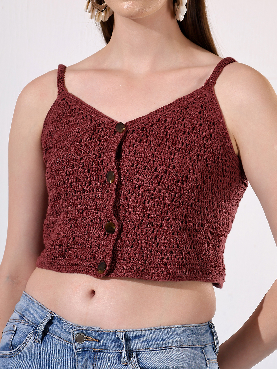 Velvery Crochet Brown Front Openable Top