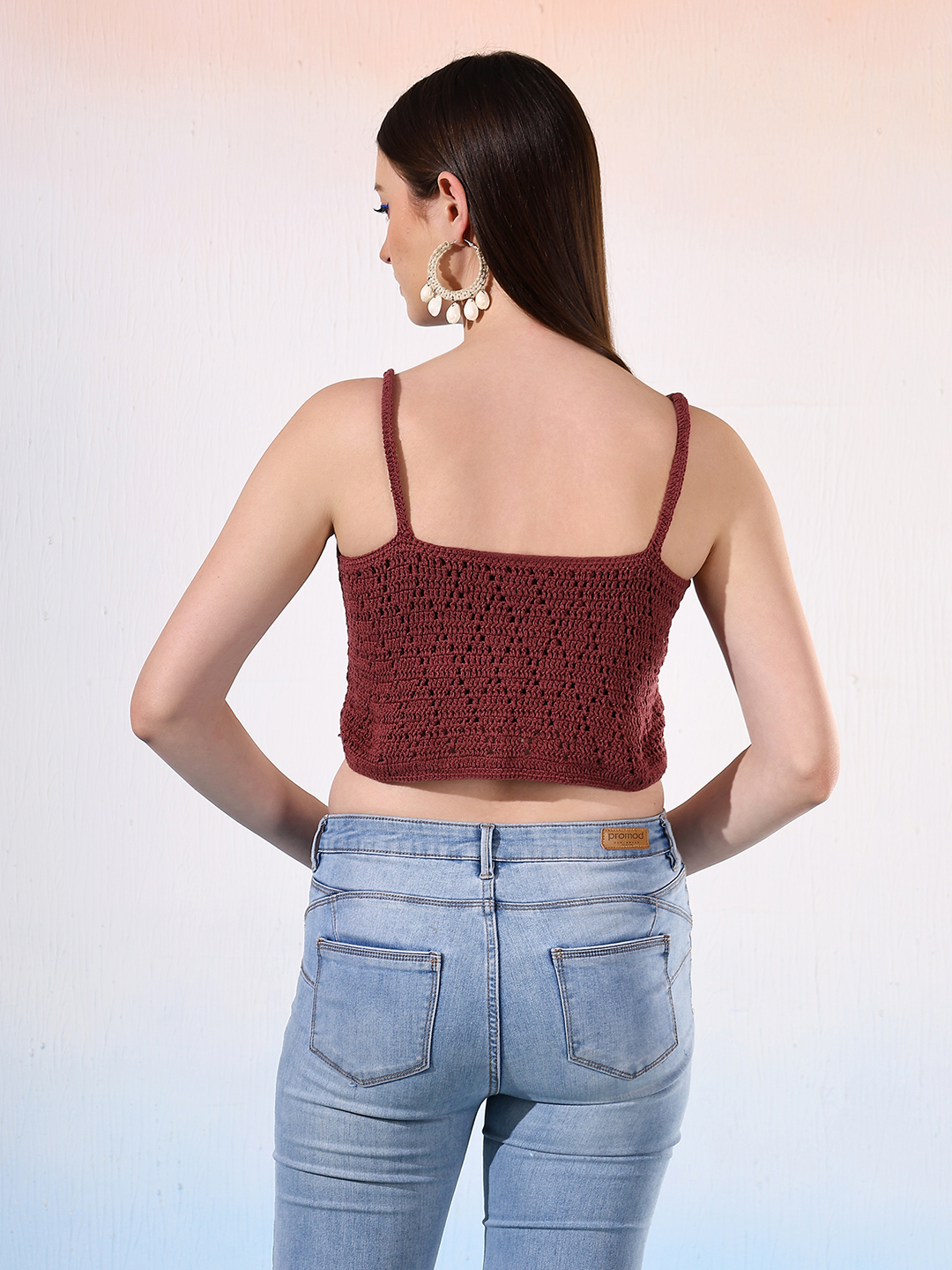 Velvery Crochet Brown Front Openable Top
