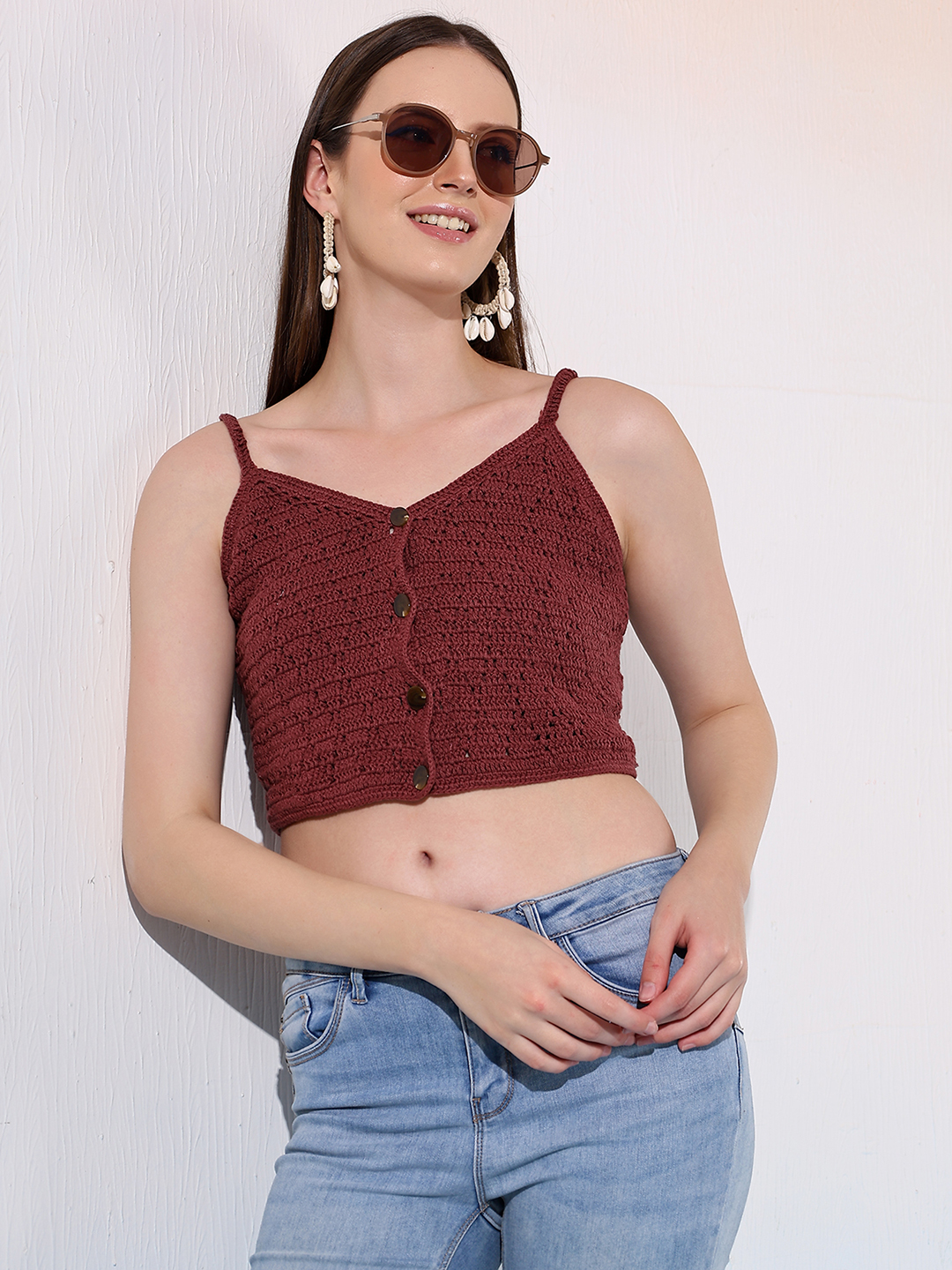 Velvery Crochet Brown Front Openable Top