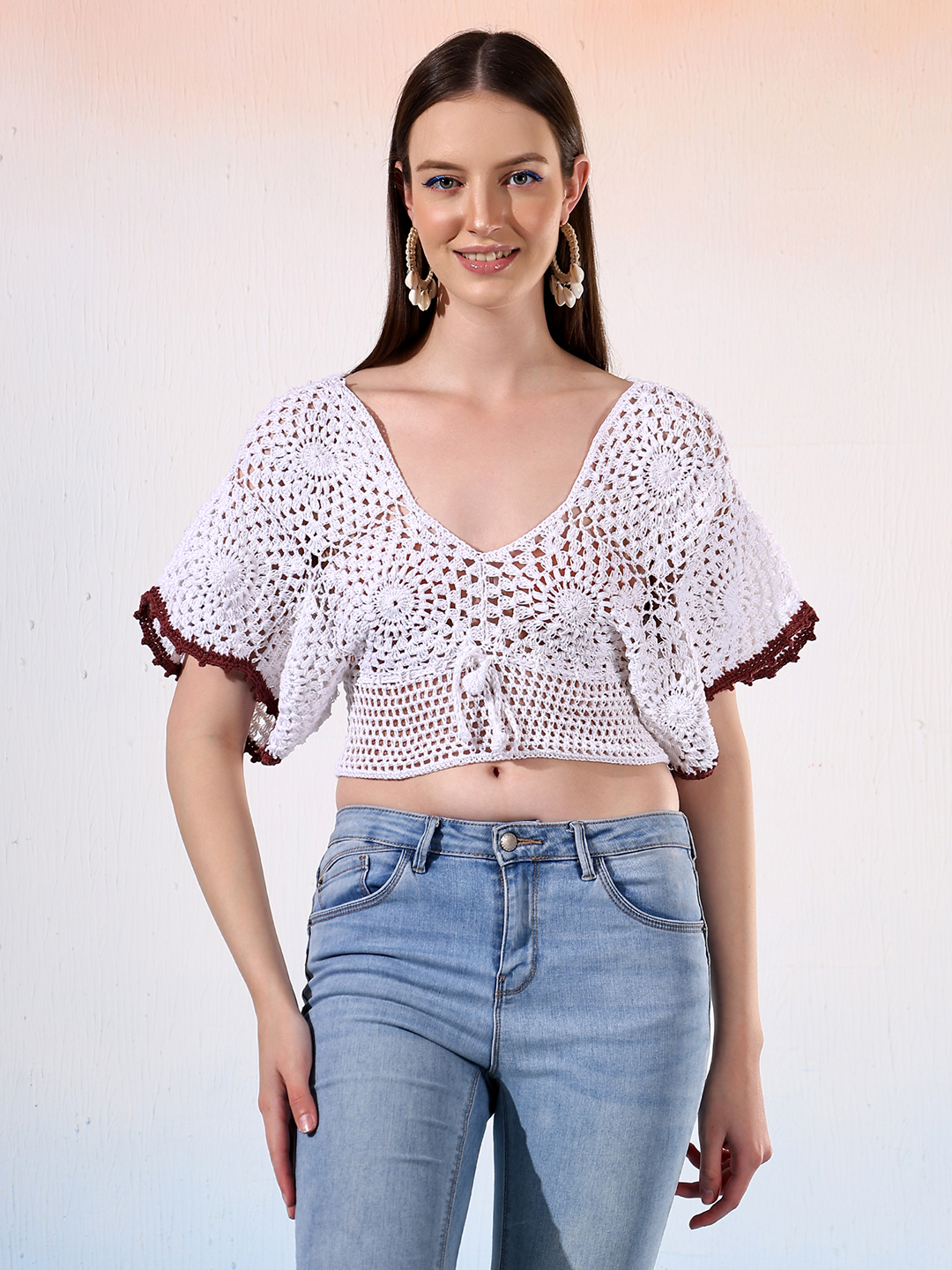 Velvery Crochet Boho Blouson Top