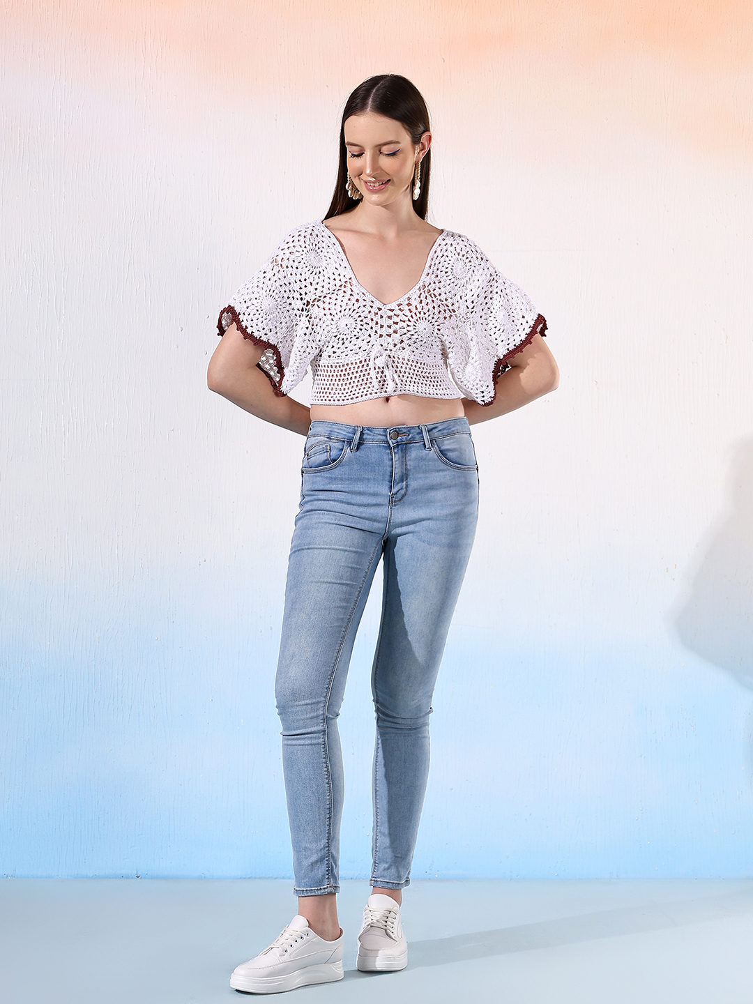 Velvery Crochet Boho Blouson Top