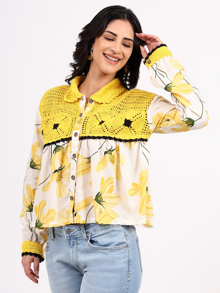 Image of Bohemian Crochet Yoke Cotton Shirt