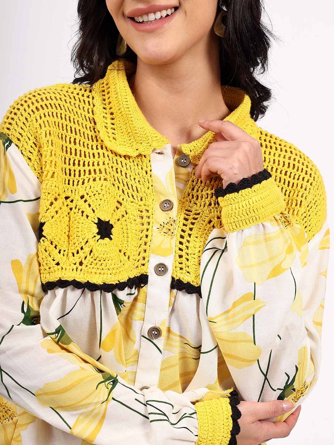 Bohemian Crochet Yoke Cotton Shirt